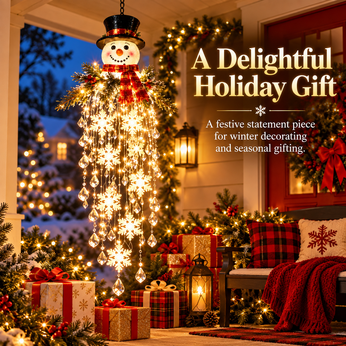 Lighted Snowman Christmas Hanging Decor, Warm LED Snowflake Ornament for Porch, Entryway & Holiday Home Decoration