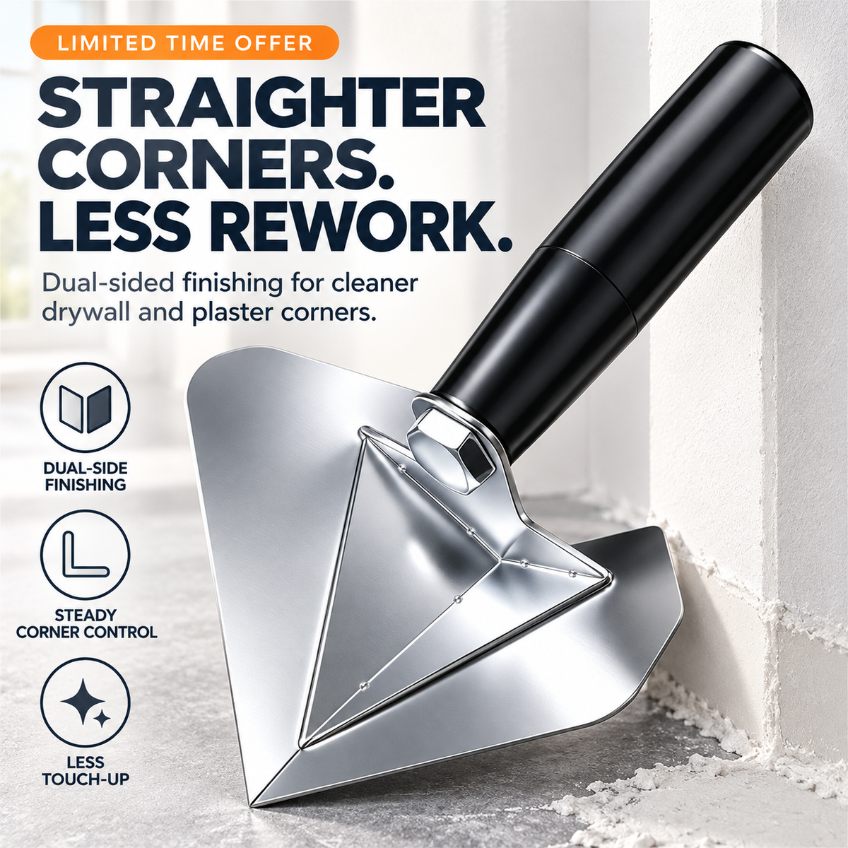 Drywall inside corner finishing trowel with metal dual-sided blade and black handle