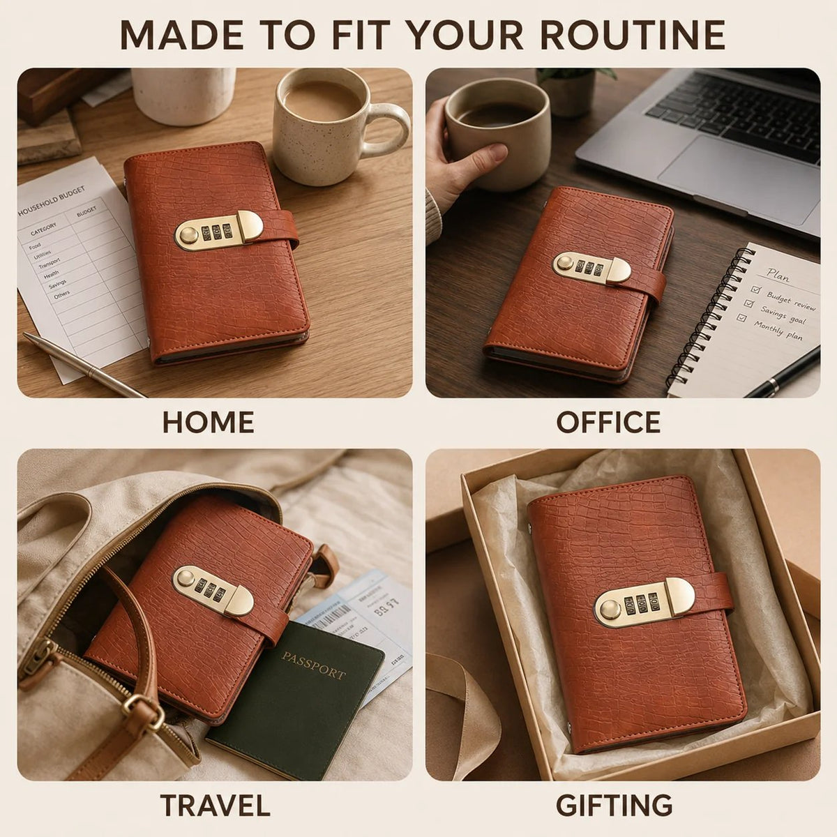 Lockable A6 savings notebook shown at home office during travel and as a gift