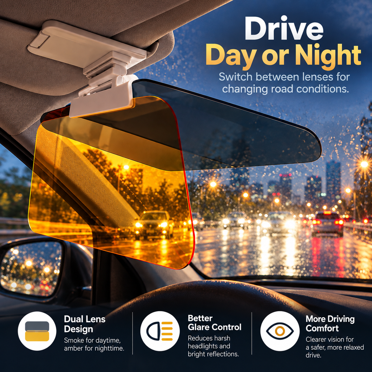 ☀️ GlareGuard™ Clip-On Car Sun Visor – Day & Night Anti-Glare Driving Shield