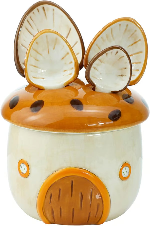 Sizikato 4pcs Porcelain Measuring Spoons with Base, Cartoon Mushroom House Shape
