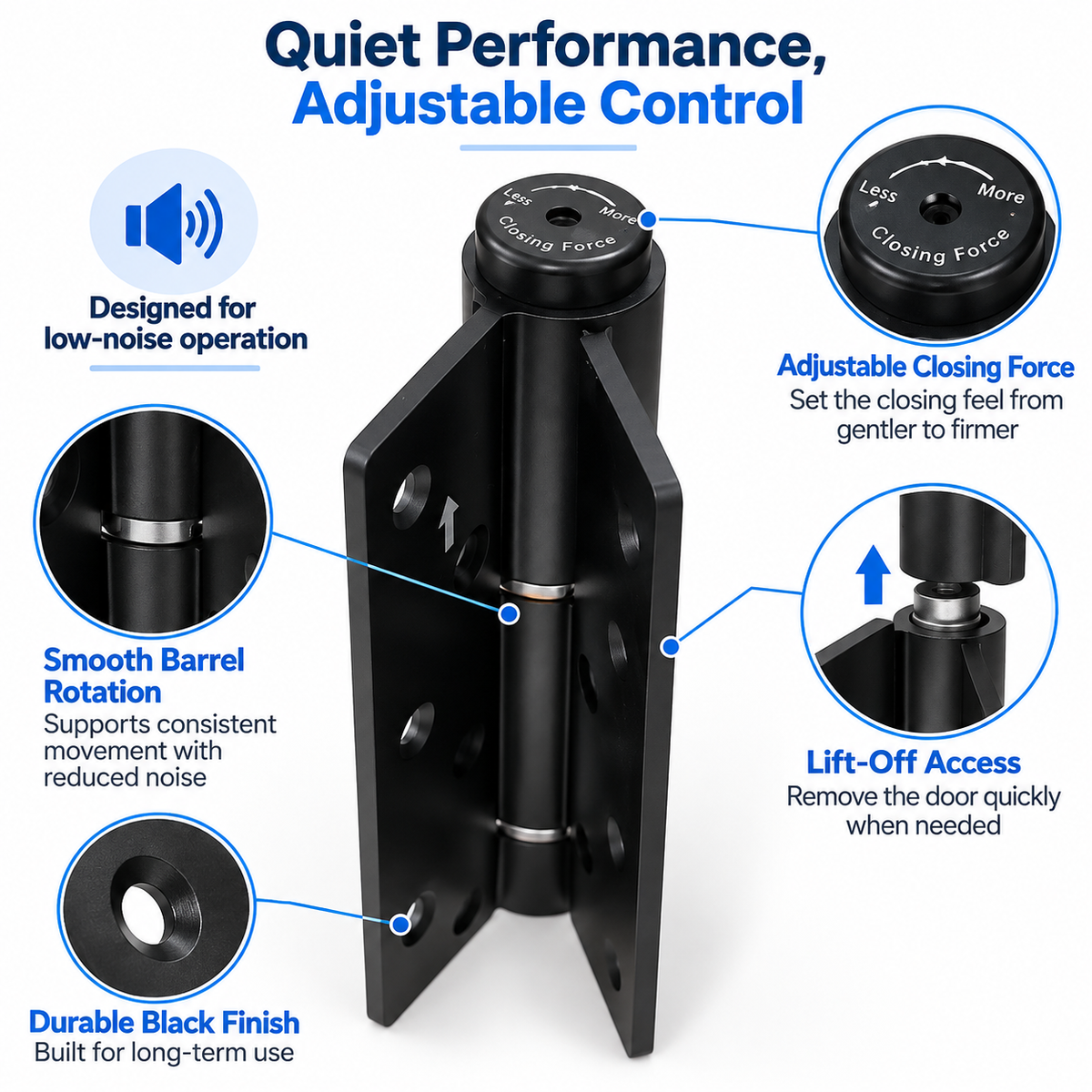 Adjustable Self-Closing Door Hinge – Heavy-Duty Lift-Off Hinge with Quiet Smooth Rotation, Adjustable Closing Force & Durable Black Finish