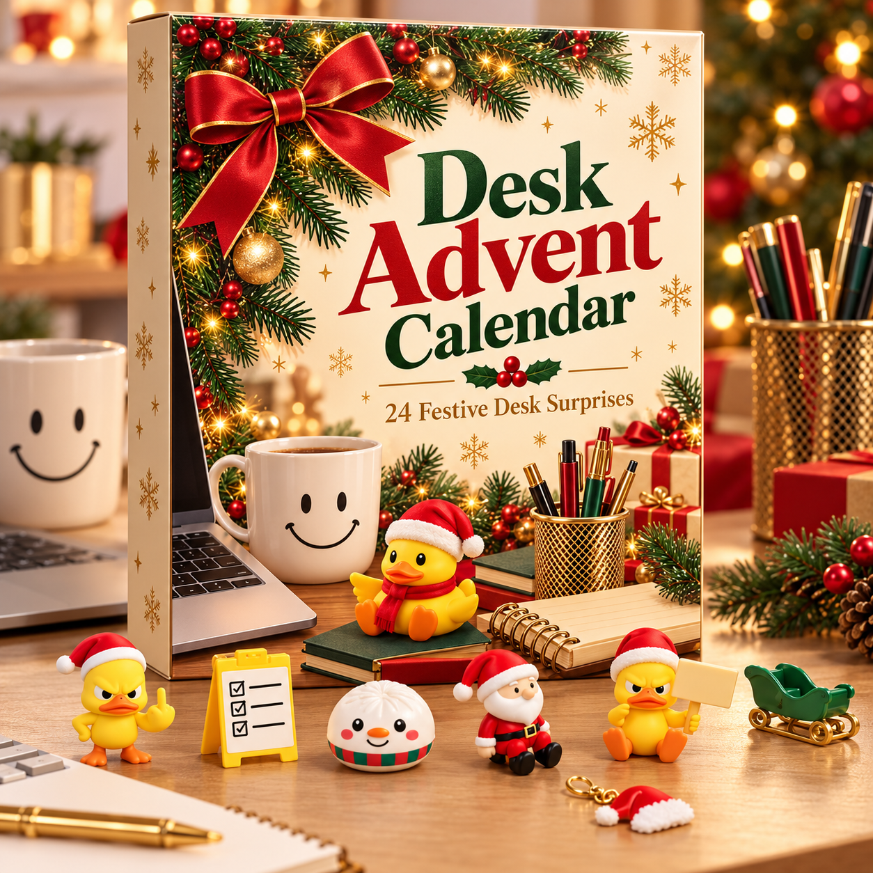 Christmas desk advent calendar with 24 festive surprises, cute miniature characters, and a cozy decorated workspace