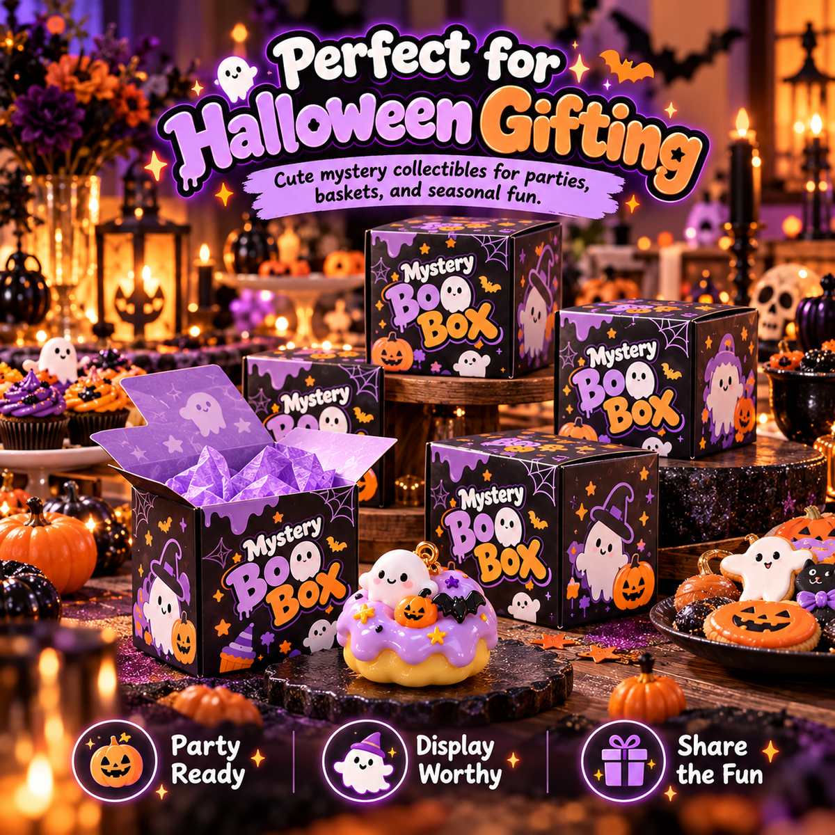 Halloween party table with mystery blind boxes, cute ghost miniatures, purple pumpkins, warm lanterns and festive decorations
