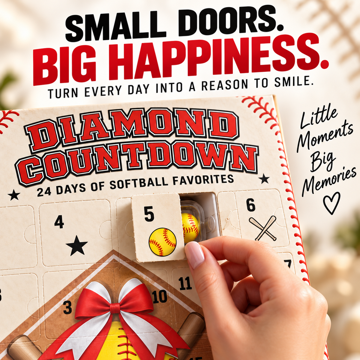 Hand opening a numbered door on a softball advent countdown calendar