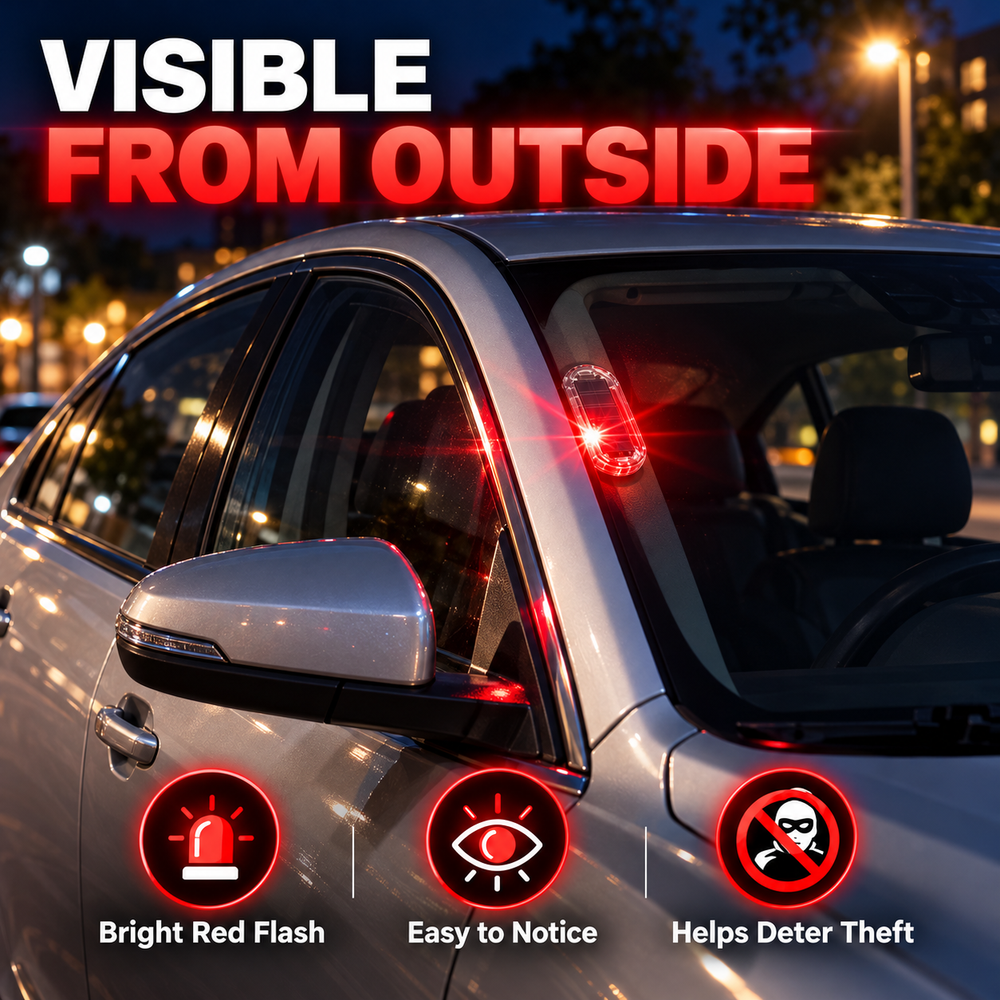 Exterior view of a parked car illustrating the warning light's visibility through the window