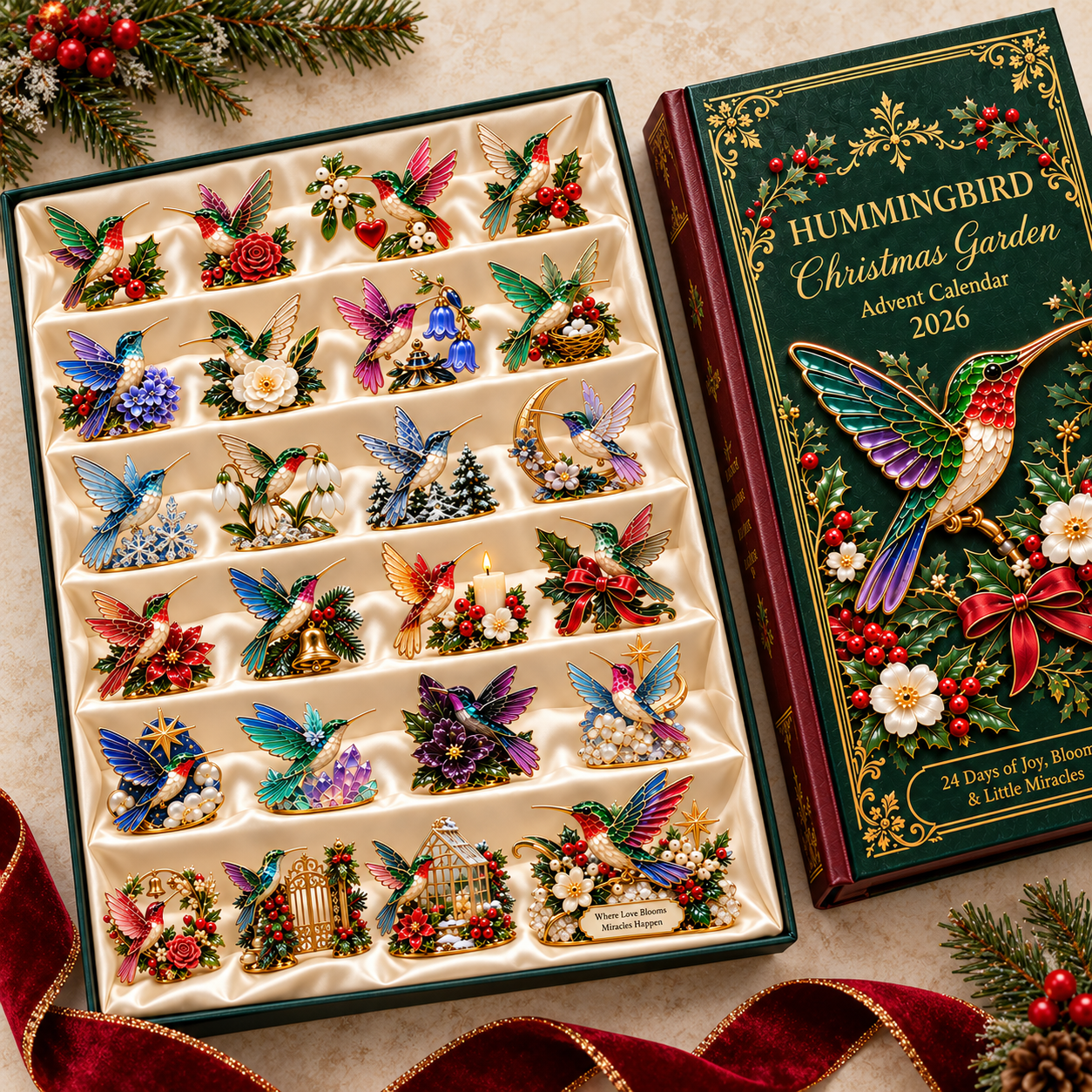 Open hummingbird garden advent calendar with decorative pieces and festive green packaging