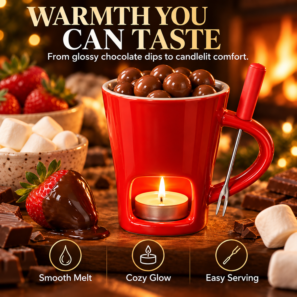 Bright red chocolate fondue mug with lit tea light candle and dipping fork, surrounded by chocolate-covered strawberries and marshmallows beside a warm fireplace