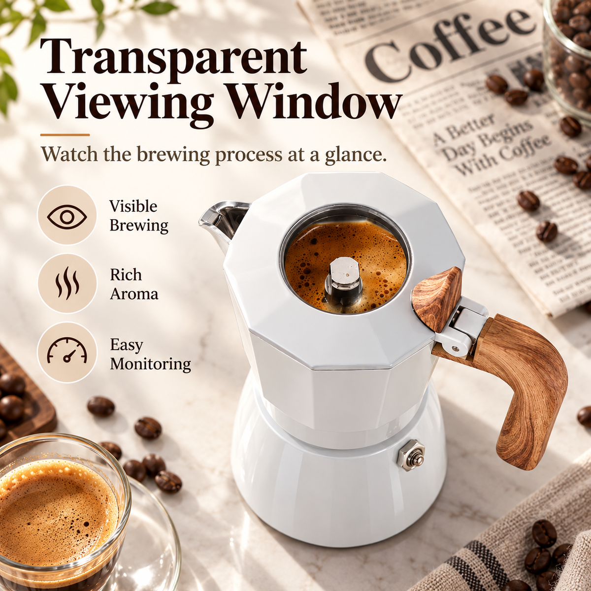 ☕ 2-Cup Electric Moka Pot – Compact Italian Espresso Maker with Ceramic Non-Stick Interior, High-Pressure Extraction & Wood-Style Handle for Home & Office