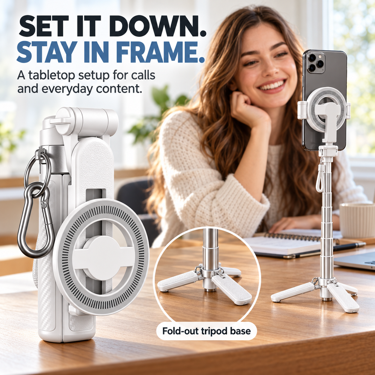 Magnetic selfie stick used as a desktop tripod