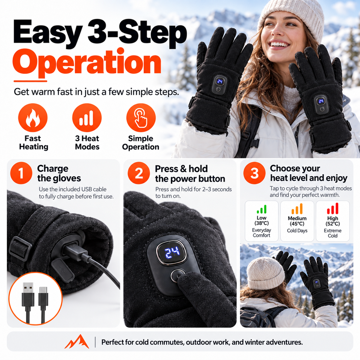 🔥 HeatCore™ Rechargeable Heated Gloves – 3-Mode Smart Heating & Touchscreen Winter Gloves