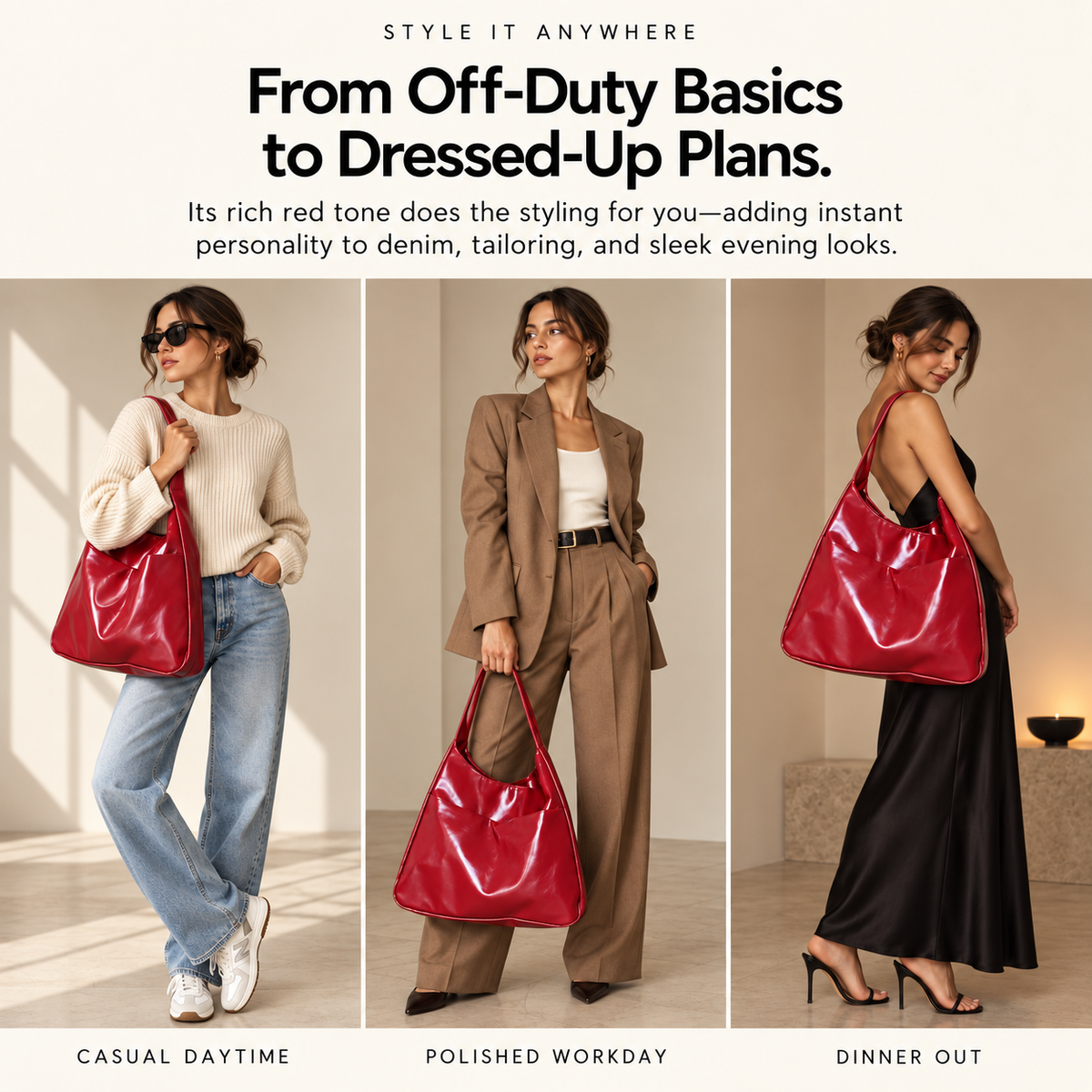 Red slouch bag styled with casual workday and dinner outfits