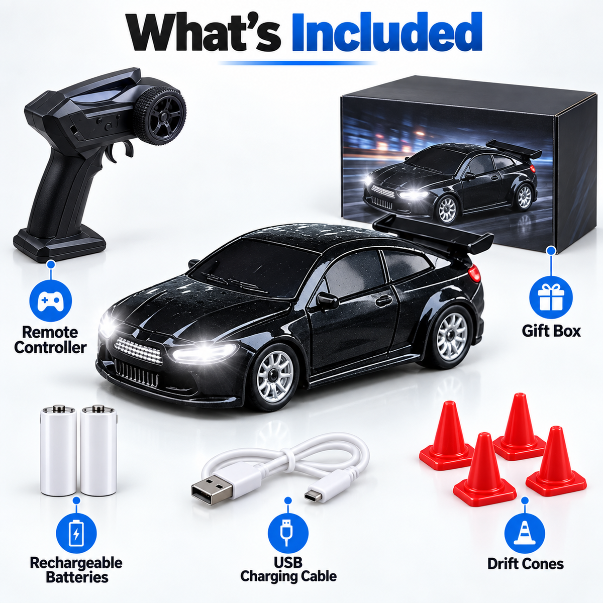 RC drift car package contents showing controller car rechargeable batteries USB cable traffic cones and gift box