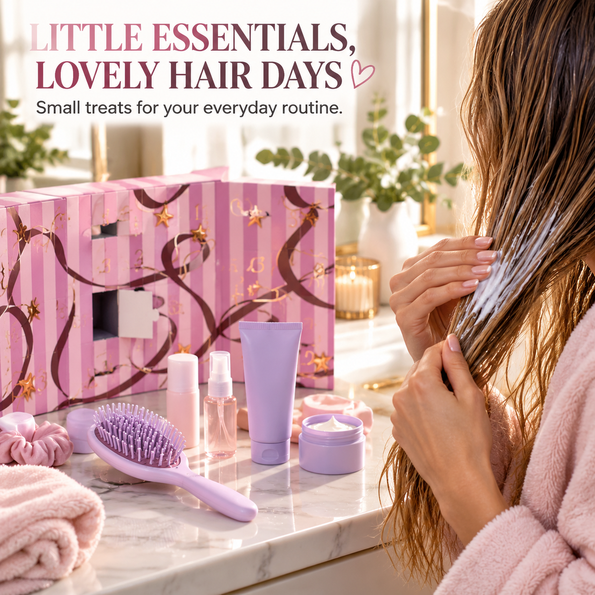 Haircare advent calendar and assorted beauty accessories beside a woman tending to her hair