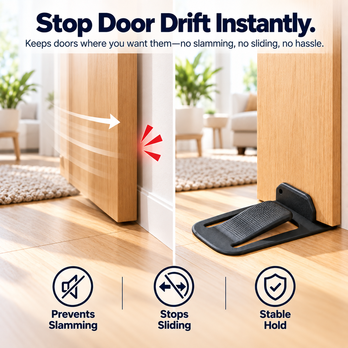 GripLock™ No-Drill Door Stopper — Low-Profile Repositionable Interior Door Holder