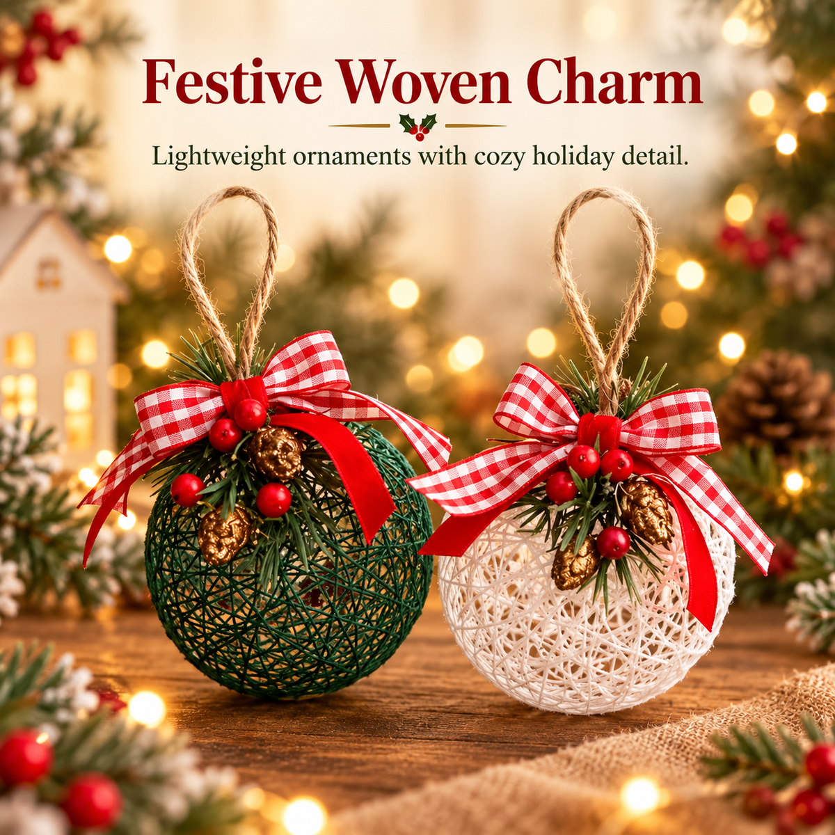 Green and ivory woven Christmas ball ornaments decorated with red plaid bows and pinecones