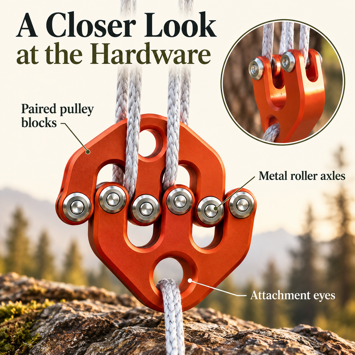 Detailed view of the pulley showing paired block sections, metal roller axles and attachment eyes