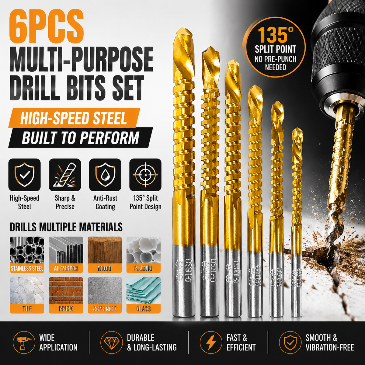 Six piece gold high speed steel multipurpose drill bit set with 135 degree split point