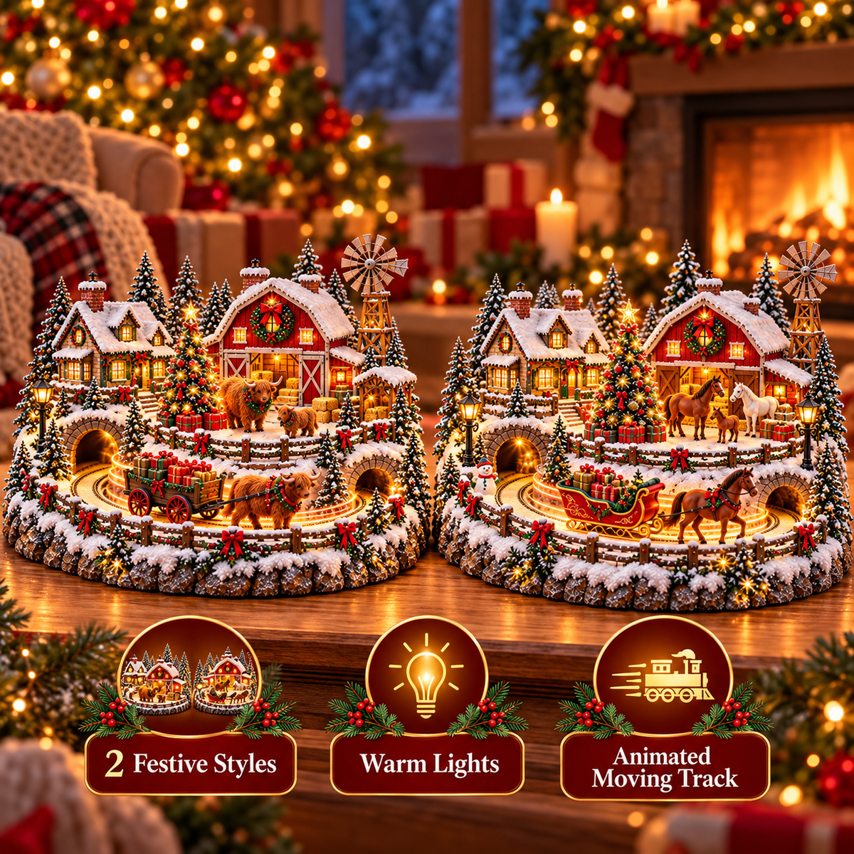 Two festive miniature Christmas farm village styles displayed on a table in a warm holiday setting