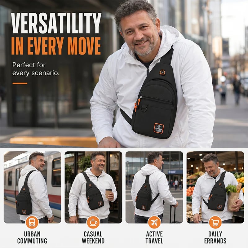 Man wearing black sling bag during commuting, travel, weekend and daily errands