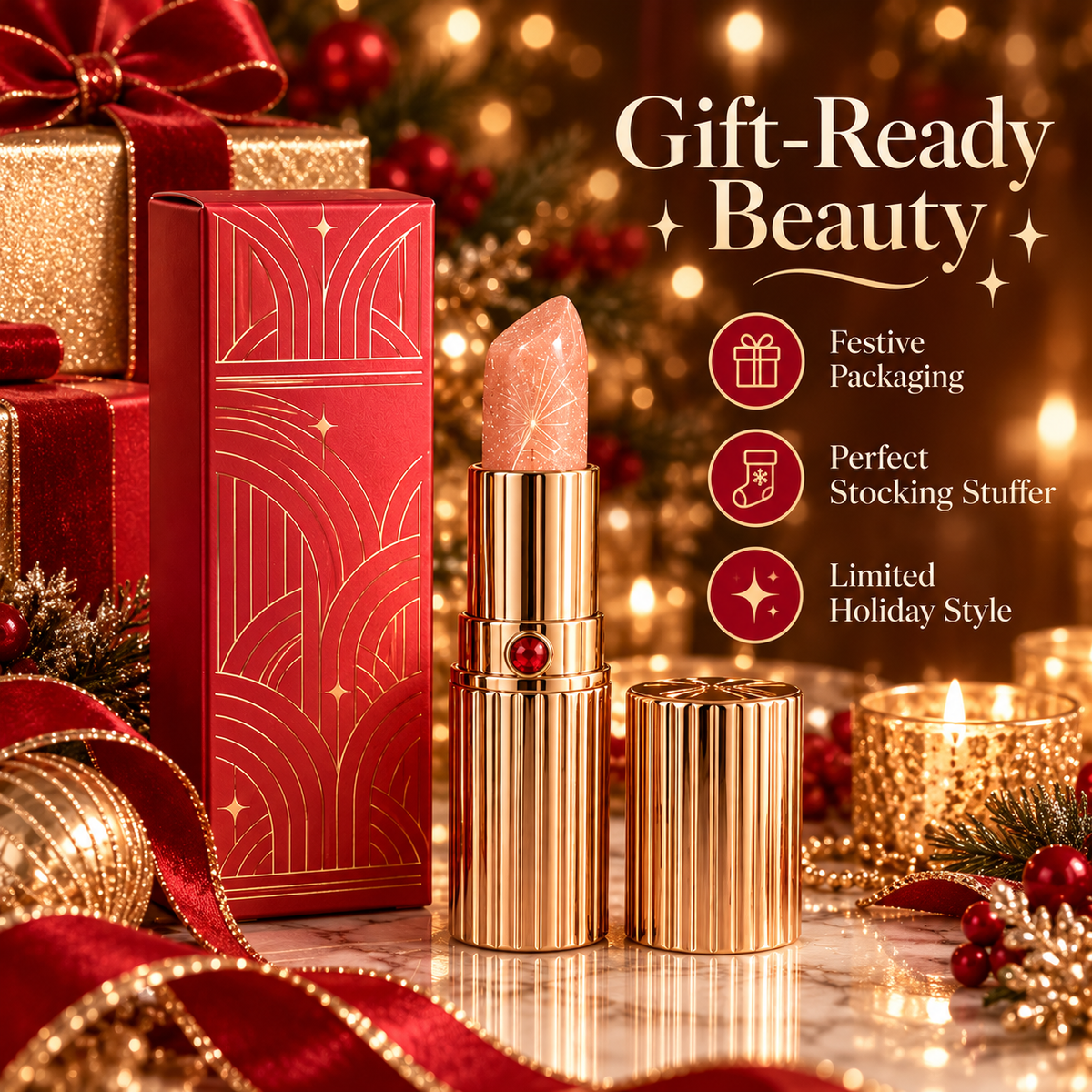 Holiday glitter lip balm displayed in red-and-gold packaging with festive gift decorations
