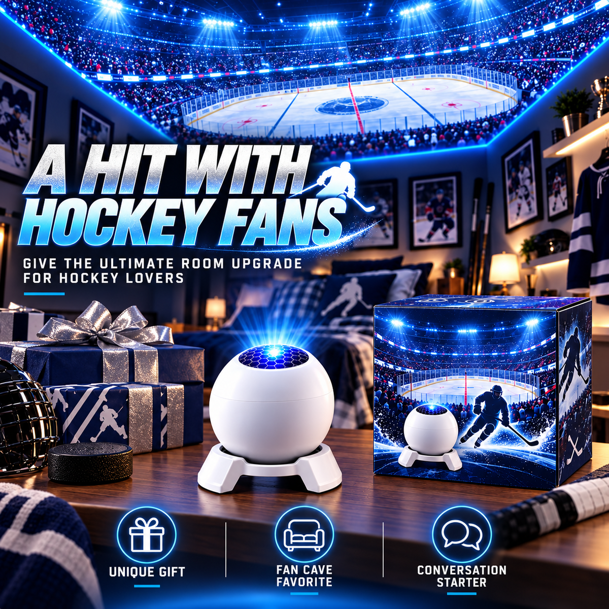 Hockey arena light, themed packaging and wrapped gifts in a decorated fan bedroom