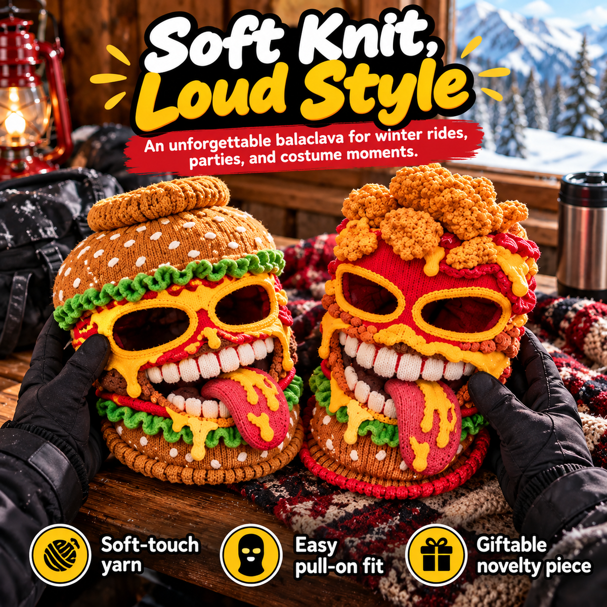 Hamburger and nugget-inspired novelty knitted balaclavas displayed together