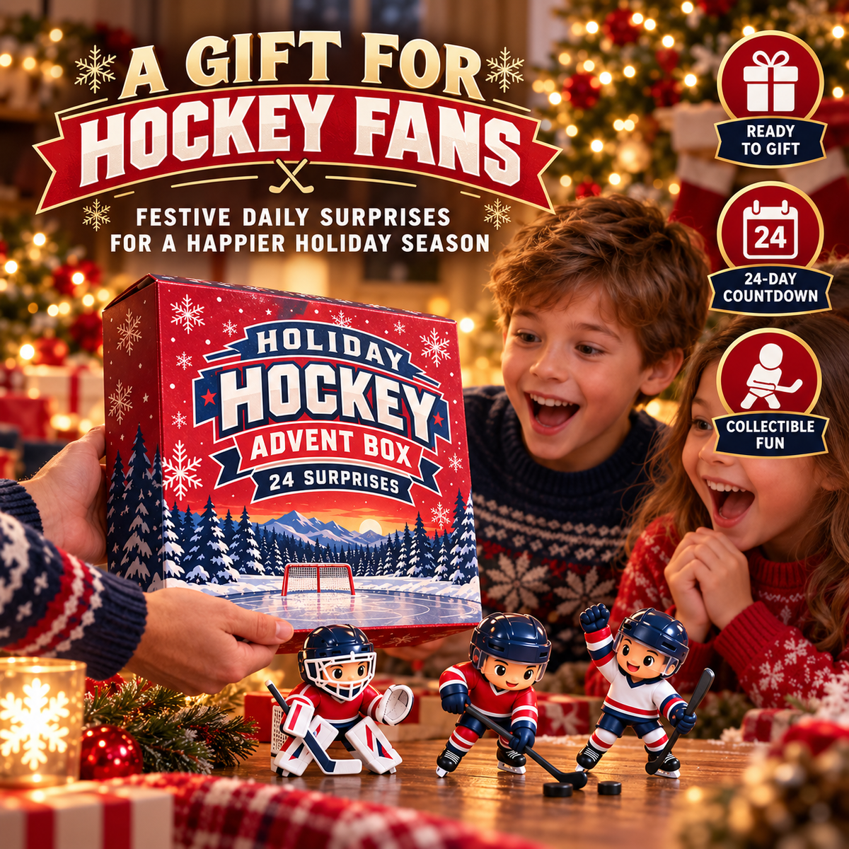 Two excited children receiving a hockey-themed advent calendar during a Christmas celebration, surrounded by mini hockey player figurines and festive decorations