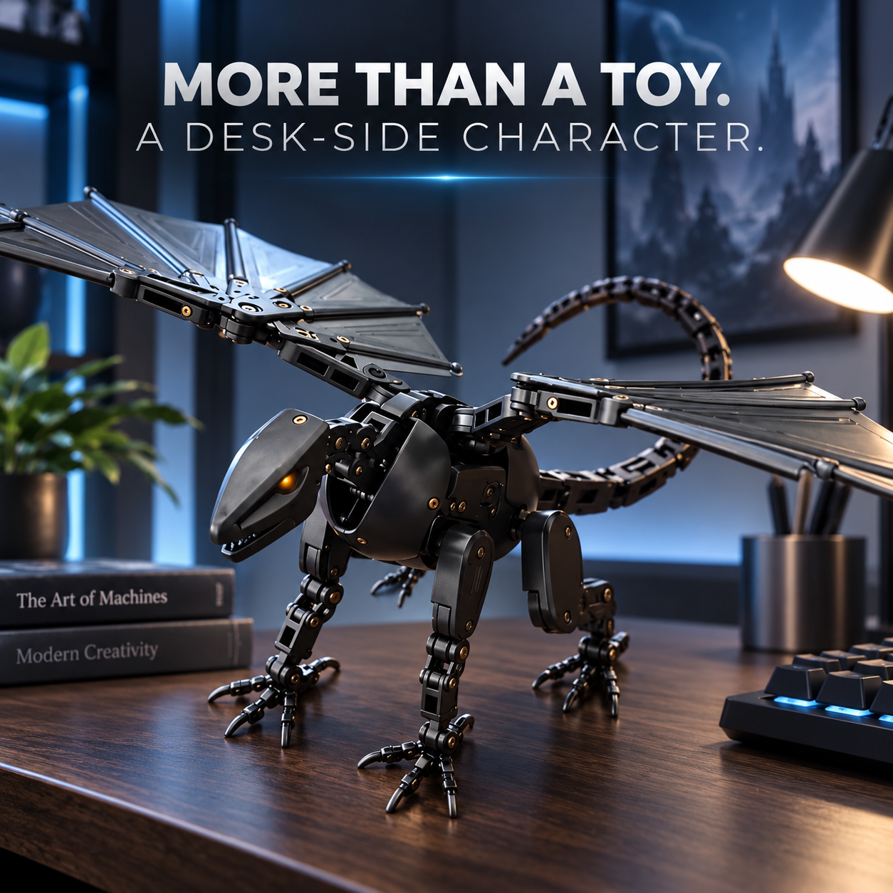 Black mechanical dragon displayed beside a computer in a softly lit workspace