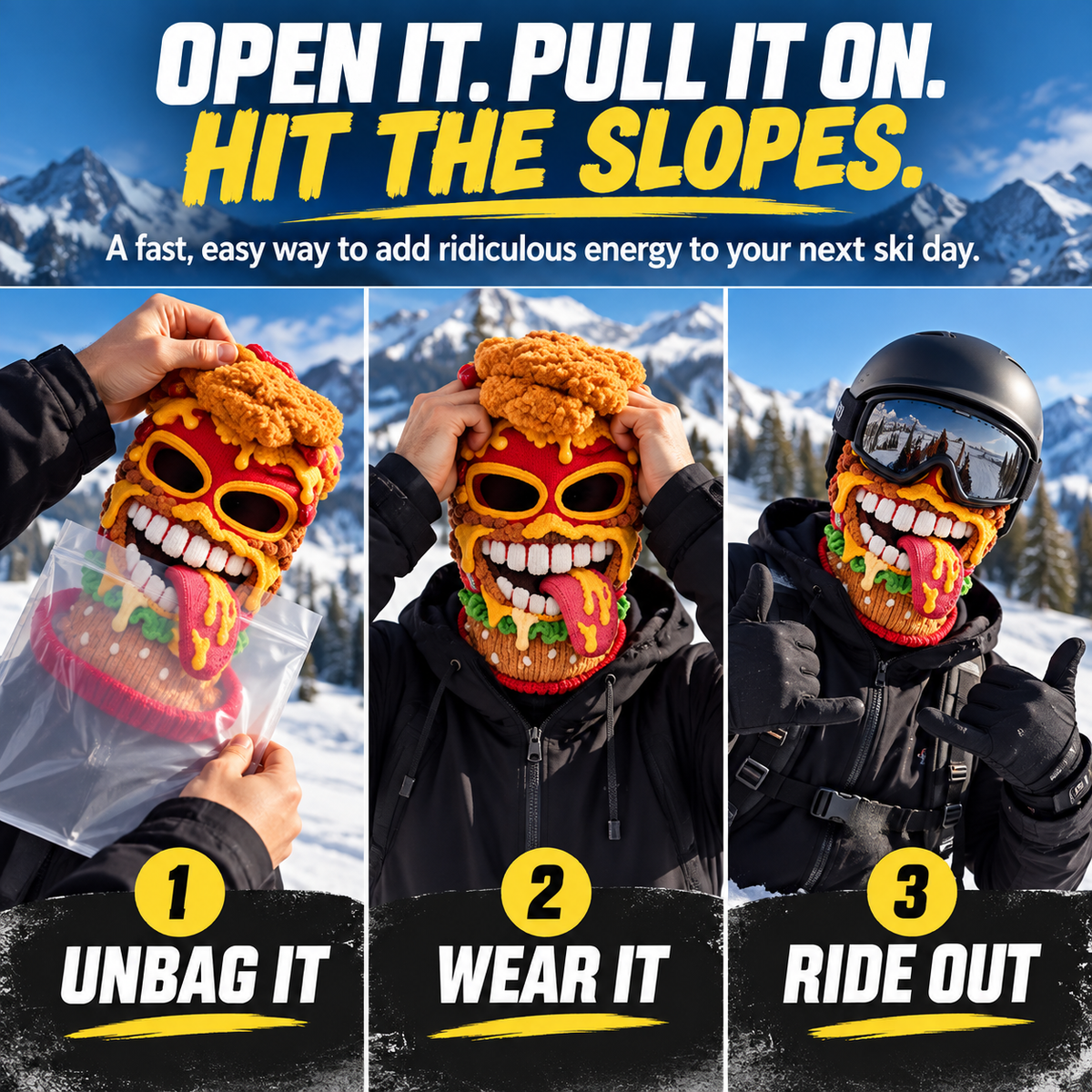 🍔 Burger Monster Knit Ski Mask – Funny Food Balaclava