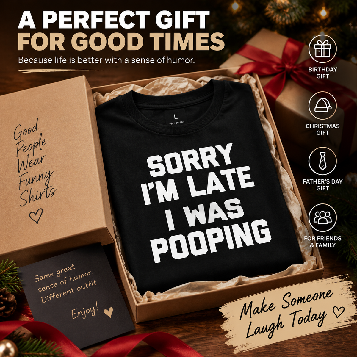 Men's Funny Pooping Graphic Tee - Sarcastic 'Sorry I'm Late' Digital Print, 100% Cotton Casual Short-Sleeve Round Neck Lightweight Loose-Fit Streetwear, Humorous Gift for Him,sohochic