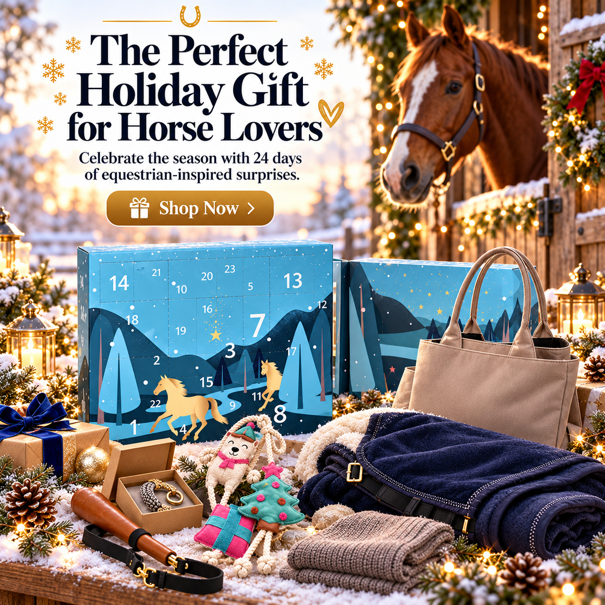 24-day equestrian calendar displayed in a festive horse stable gift scene
