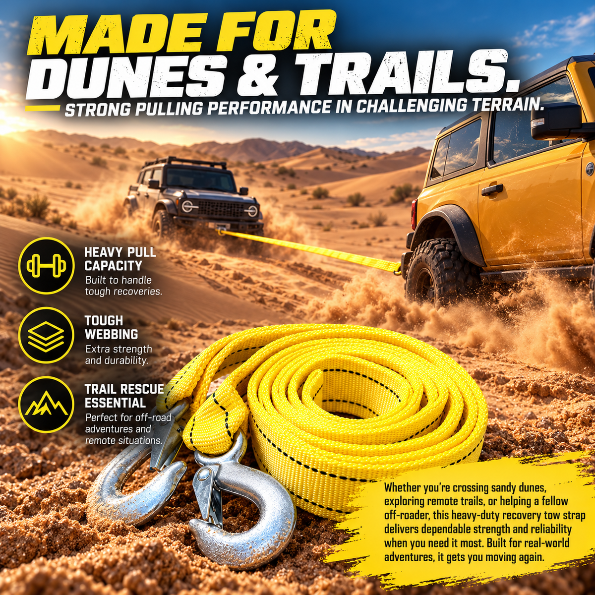 Yellow tow strap shown with off-road vehicles in a sandy desert recovery illustration
