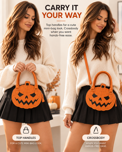 Spooky Jack-O-Lantern Pumpkin Crossbody Bag Novelty Spiderweb Stitching Handbag Aesthetic Halloween Party Purse for Women