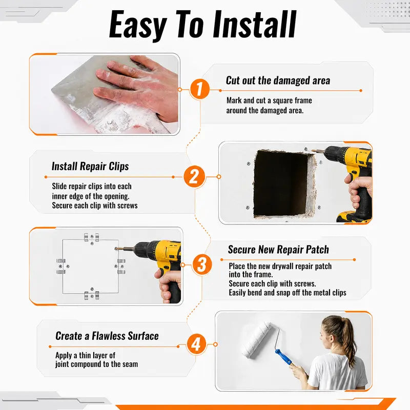 1/2-Inch Drywall Repair Clips with Screws - Professional Metal Drywall Backer Repair Tool Kit, Easy-to-Install Wall Hole & Patching Support Clips for Home Renovation & Sheetrock Repair (1/2 Inch)