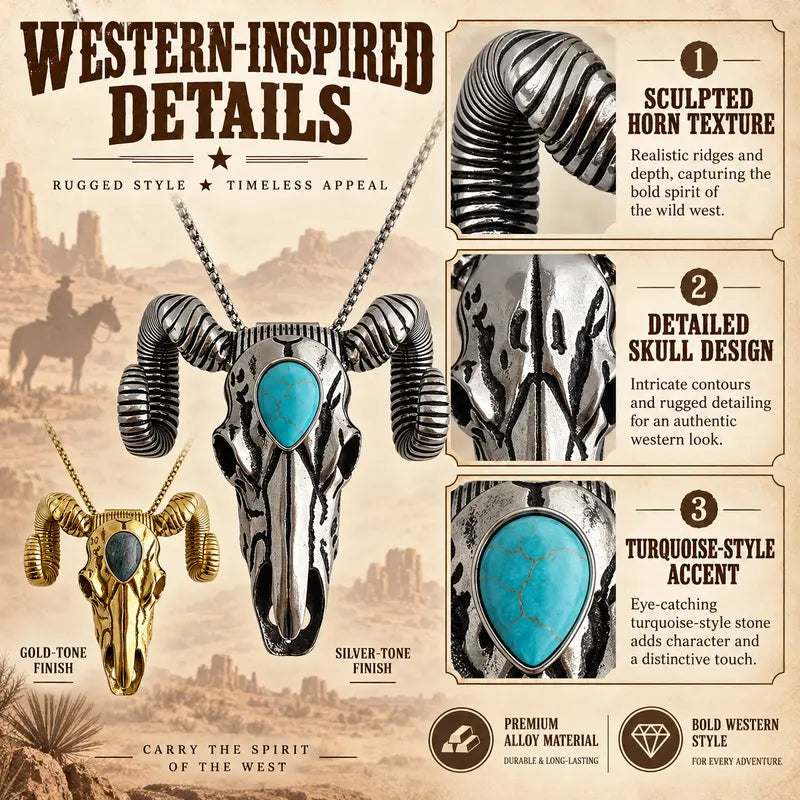 Western Skull Pendant Necklace & Belt Clip, Ram Horn and Deer Designs, Silver & Gold Tone with Turquoise-Style Accent, Cowboy Statement Jewelry Gift
