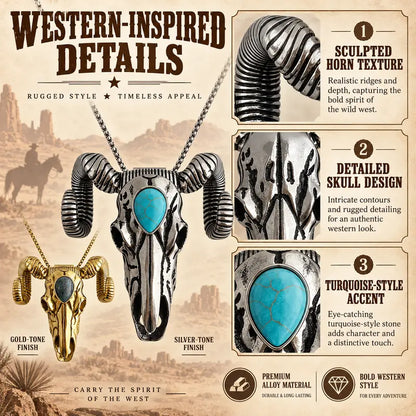 Western Skull Pendant Necklace & Belt Clip, Ram Horn and Deer Designs, Silver & Gold Tone with Turquoise-Style Accent, Cowboy Statement Jewelry Gift