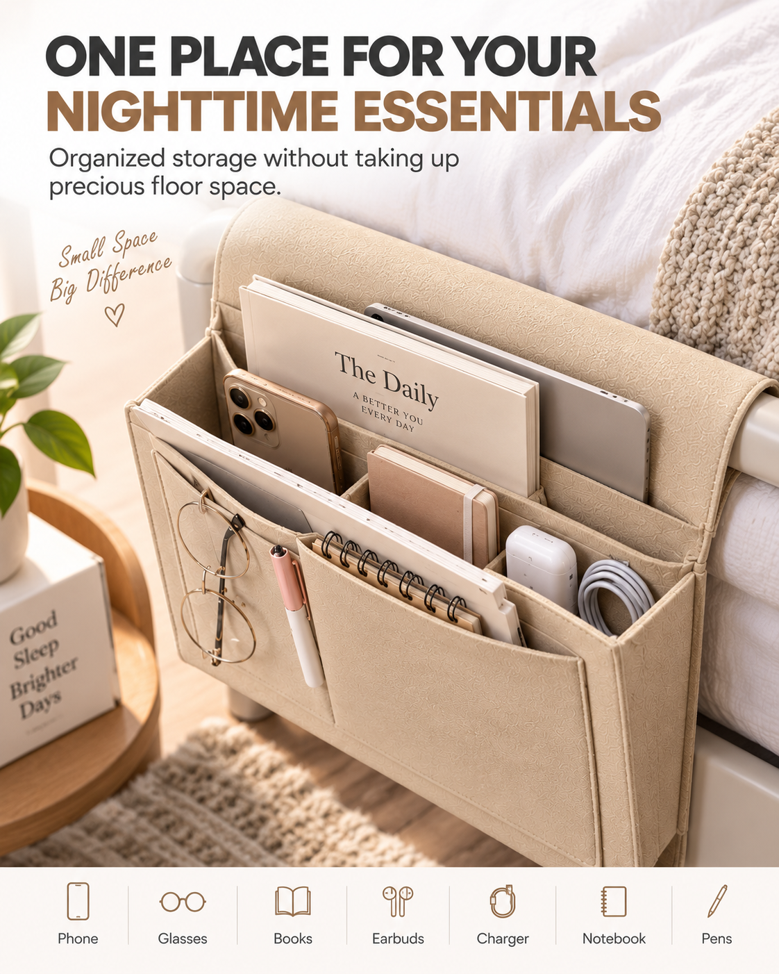 BedEase™ Hanging Bedside Organizer – Multi-Pocket Bed Caddy for Phone, Books & Nighttime Essentials