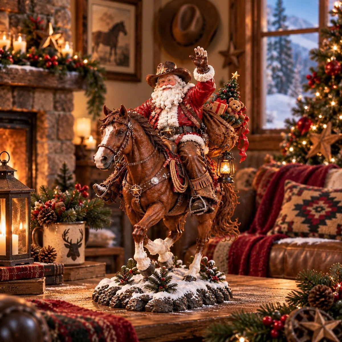 Cowboy Santa horseback Christmas decoration displayed in a rustic home