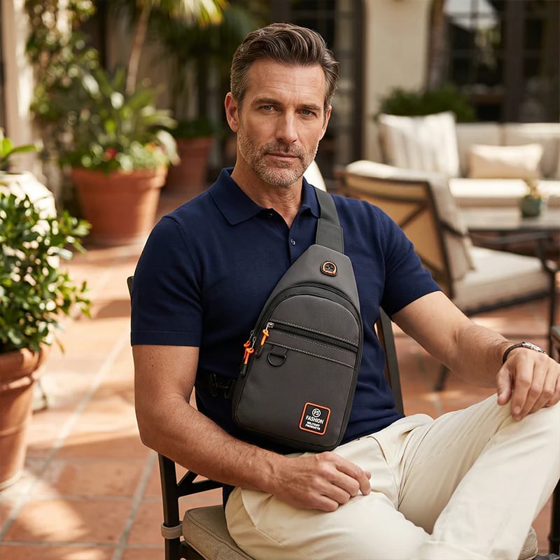 Man wearing grey multi-pocket sling bag during a casual day out