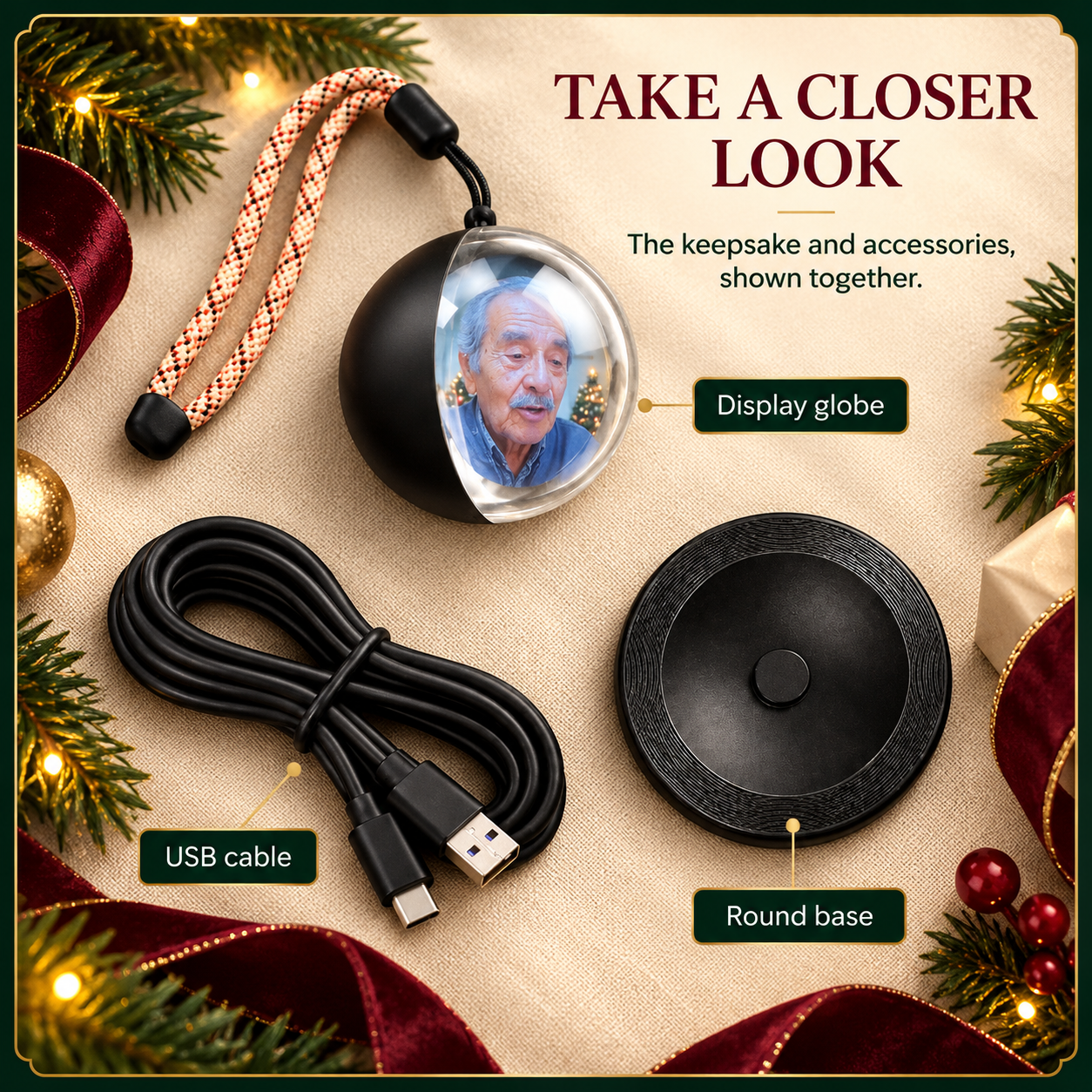 Photo display ornament shown beside a USB cable and a round base