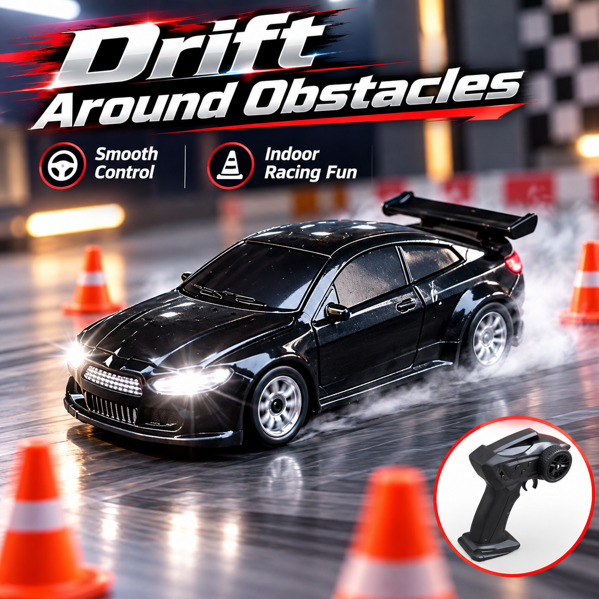 Mini RC drift car racing around included traffic cones on a smooth indoor surface