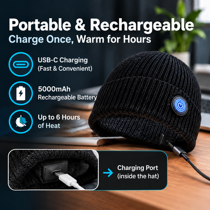 Heated beanie with listed 5000mAh rechargeable battery and USB-C charging