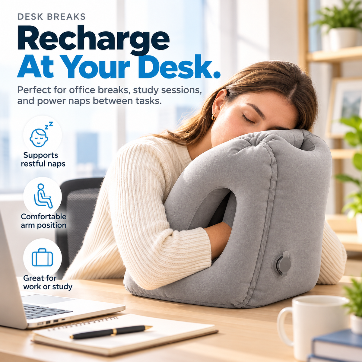 ✈️ Inflatable Travel Pillow – Face-Down Sleeping Pillow with Arm Support for Flights & Office Naps