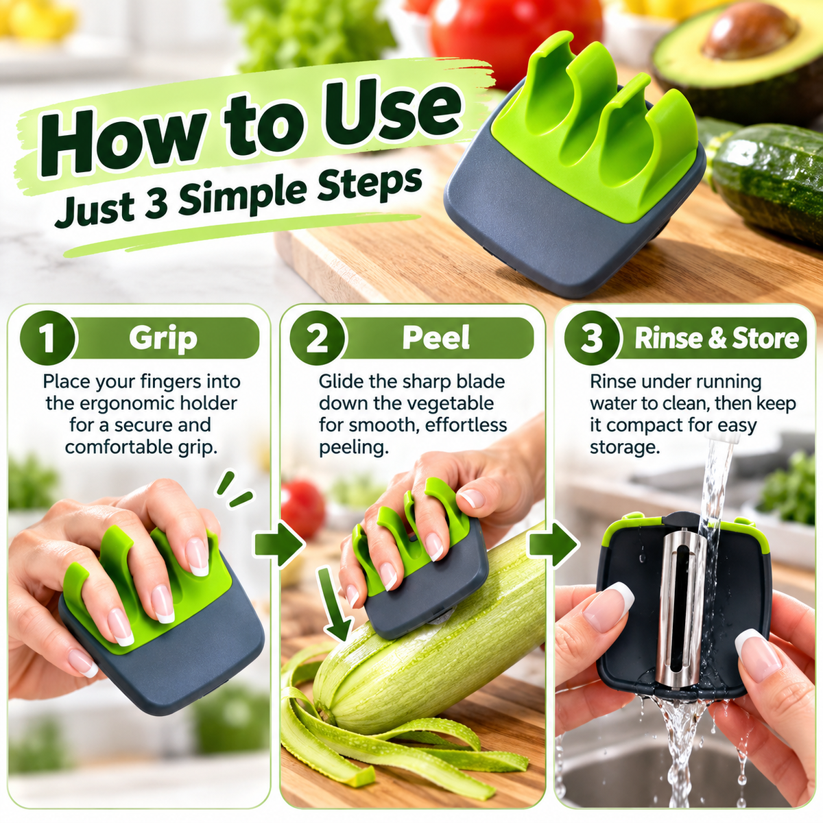 Ergonomic 3-Finger Vegetable Peeler – Easy-Grip Kitchen Tool