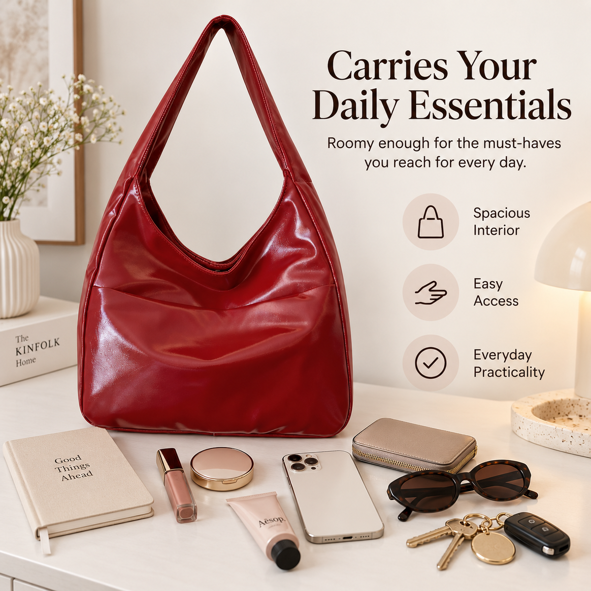 Red hobo bag with phone wallet sunglasses keys notebook and daily essentials