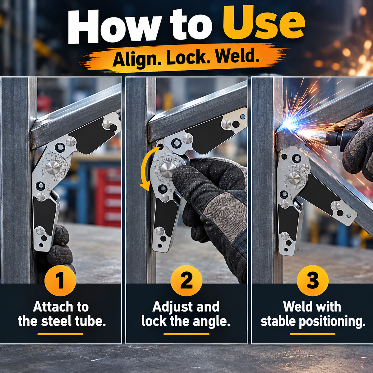 Three step guide showing magnetic welding holder attached adjusted locked and used during welding
