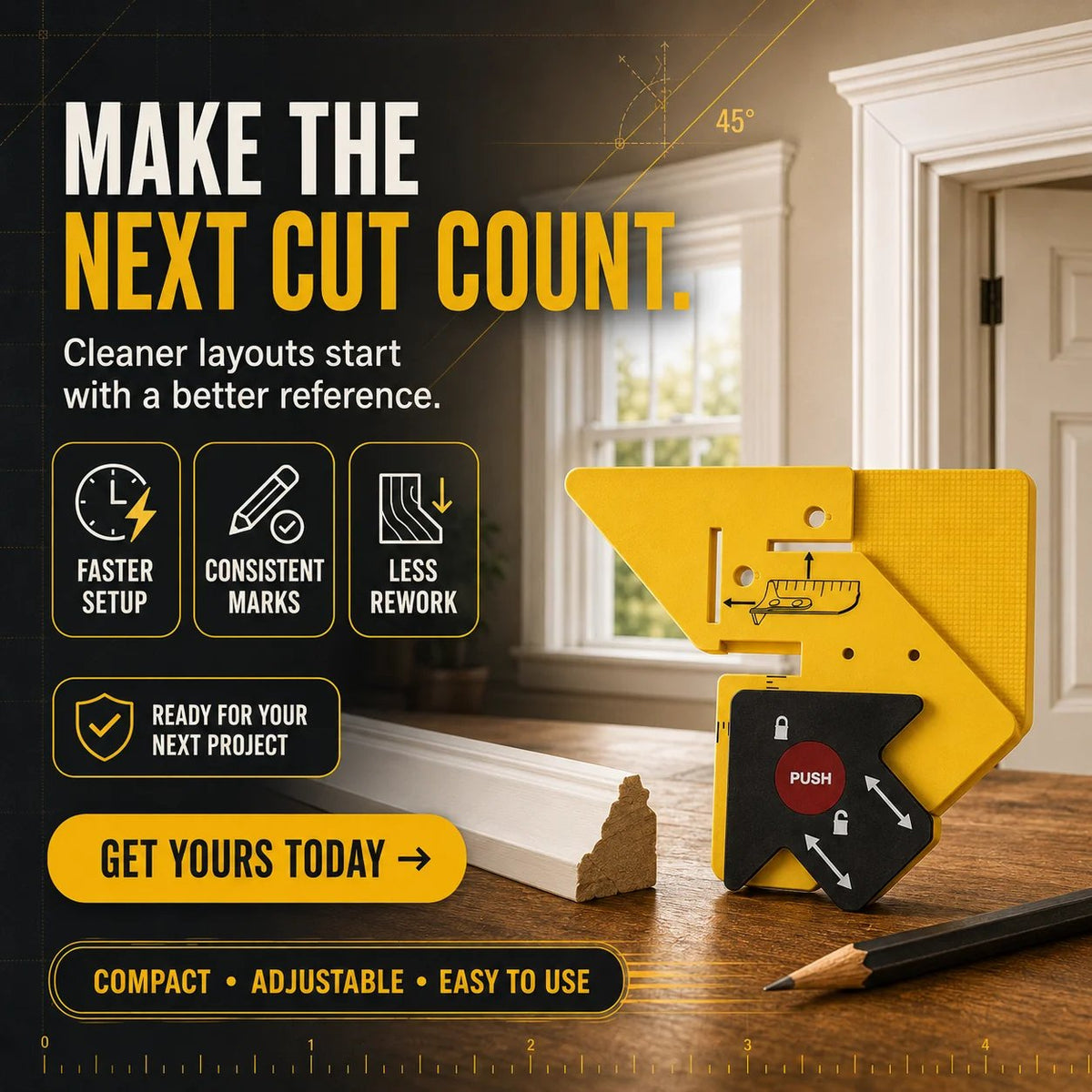 🔥HOT SALE🔥📐 Adjustable 45° Trim Marking & Measuring Tool – Fast Door & Window Casing Layout