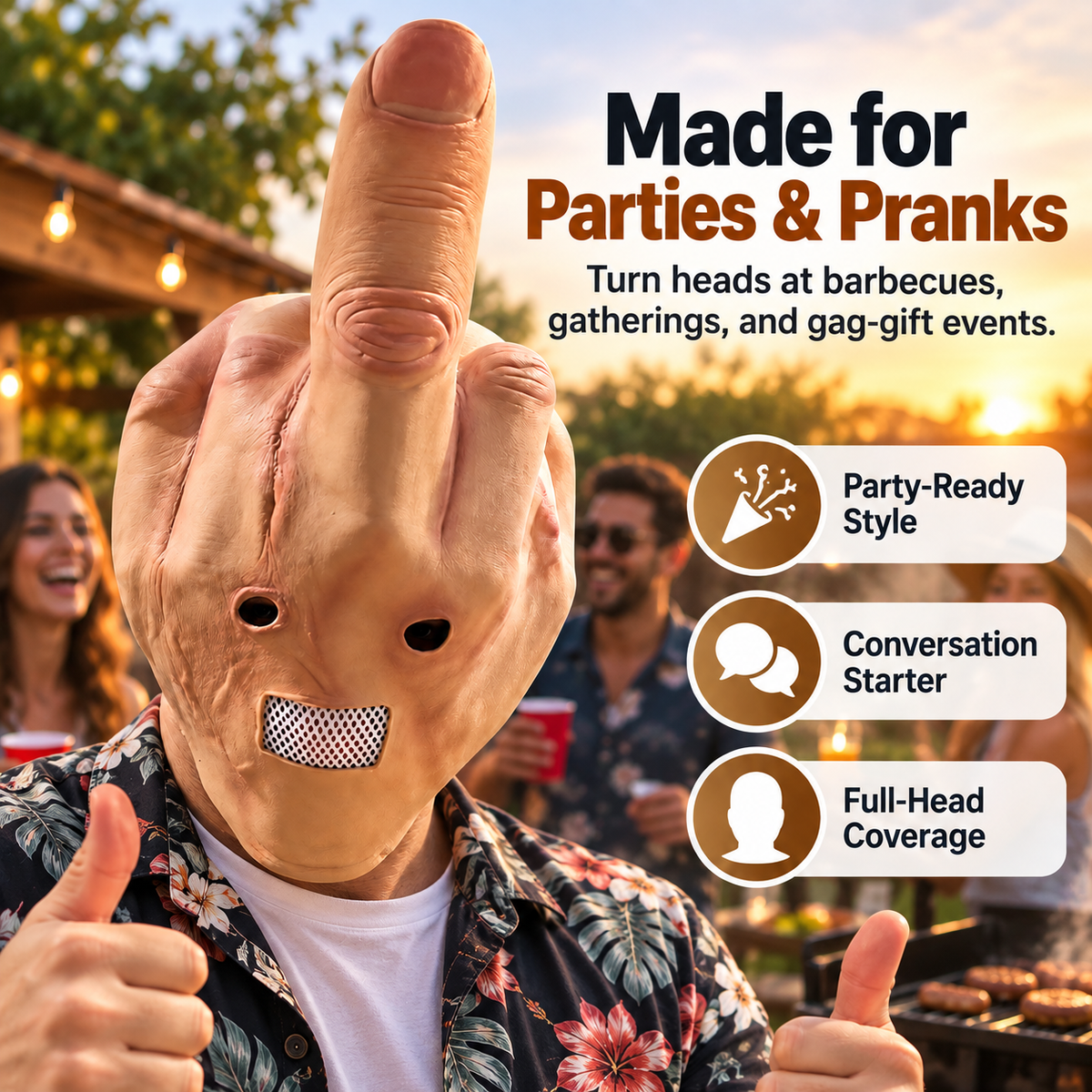 Novelty Middle Finger Full Head Mask, Funny Latex Prank Costume Mask with Breathable Mouth Mesh, Adult Gag Mask for Halloween, Costume Parties, Festivals & Joke Gifts