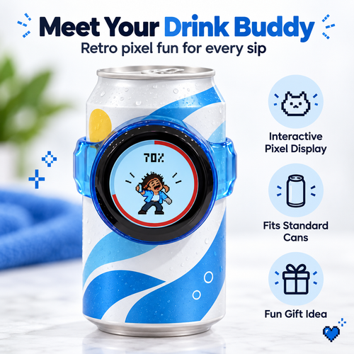 PixelBuddy™ Smart Can Companion with Interactive Pixel Display, Retro Gaming Drink Holder Sleeve for Standard Cans, Fun Desk Gadget Gift